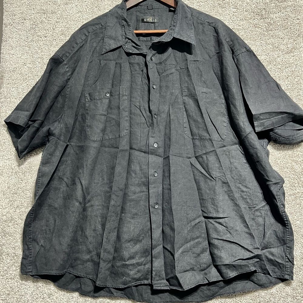 Gillio Mens Short Sleeve Button Up Black Linen Shirt Collared Big Size 3XB
